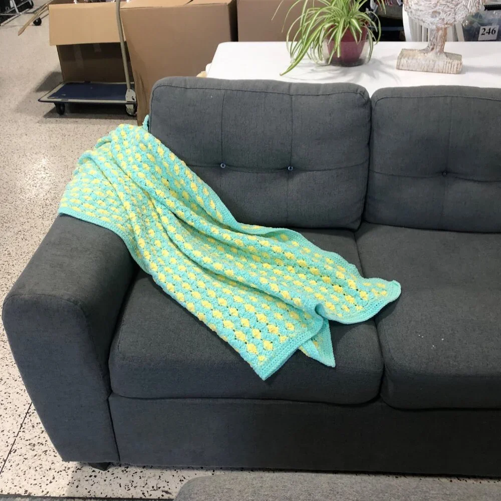 Handcrafted Crochet Baby Blanket Mint Green Yellow Soft 42x39